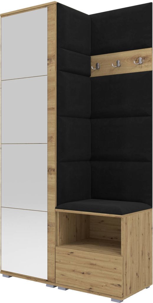 Garderoben-Set Nela I mit Spiegel, Polstergarderobe mit Schuhschrank, Dielenmöbel-Set mit Hochschrank (Farbe: Artisan Eiche + Trinity 16 (Schwarz))