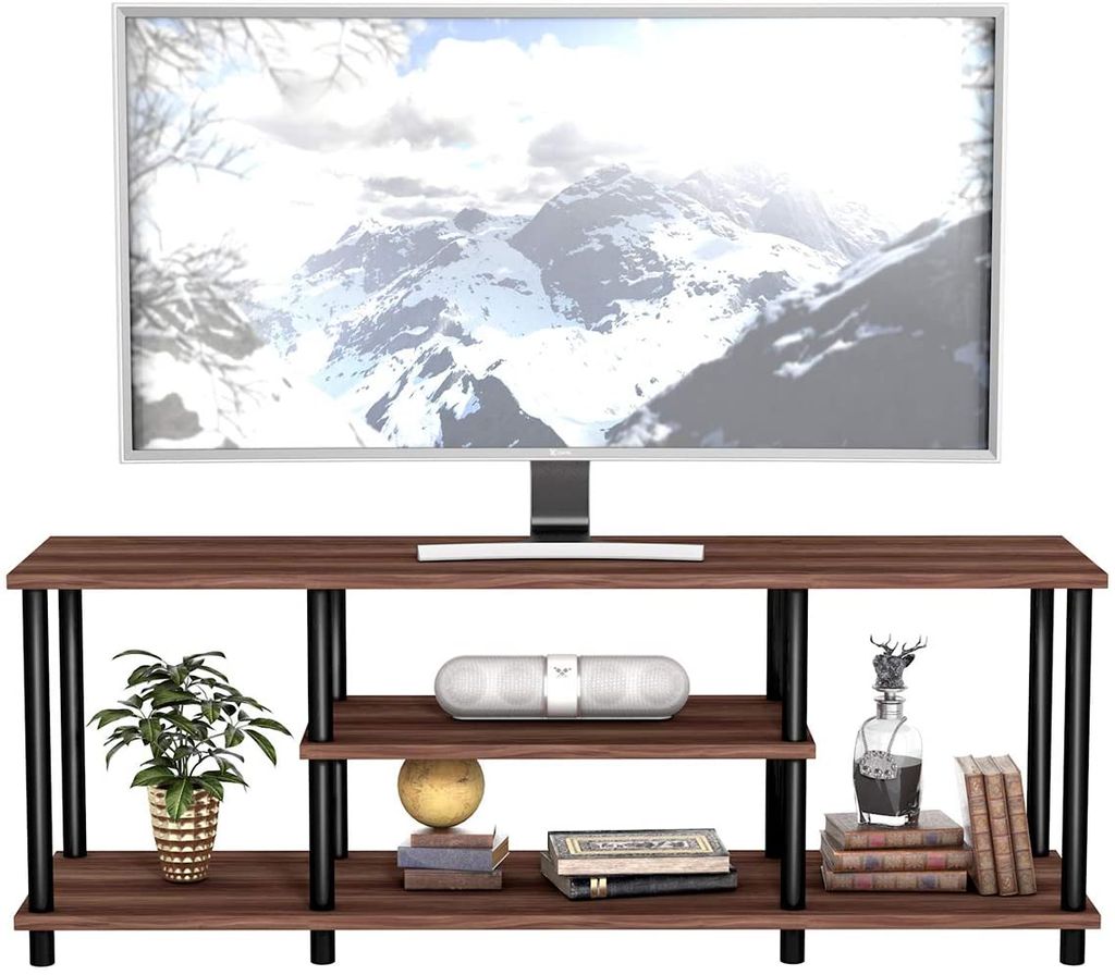 COSTWAY 3-stöckiger TV-Schrank Gold - Fernsehtisch Für Bis 65 Zoll Mit Glasregalen 140x41x82cm