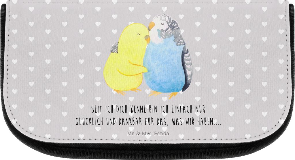 Mr. & Mrs. Panda Kosmetiktasche Wellensittich Liebe - Grau Pastell - Geschenk, Kulturbeutel, Vögel, Ehe, Necessaire, schmink organizer, Make-up T...