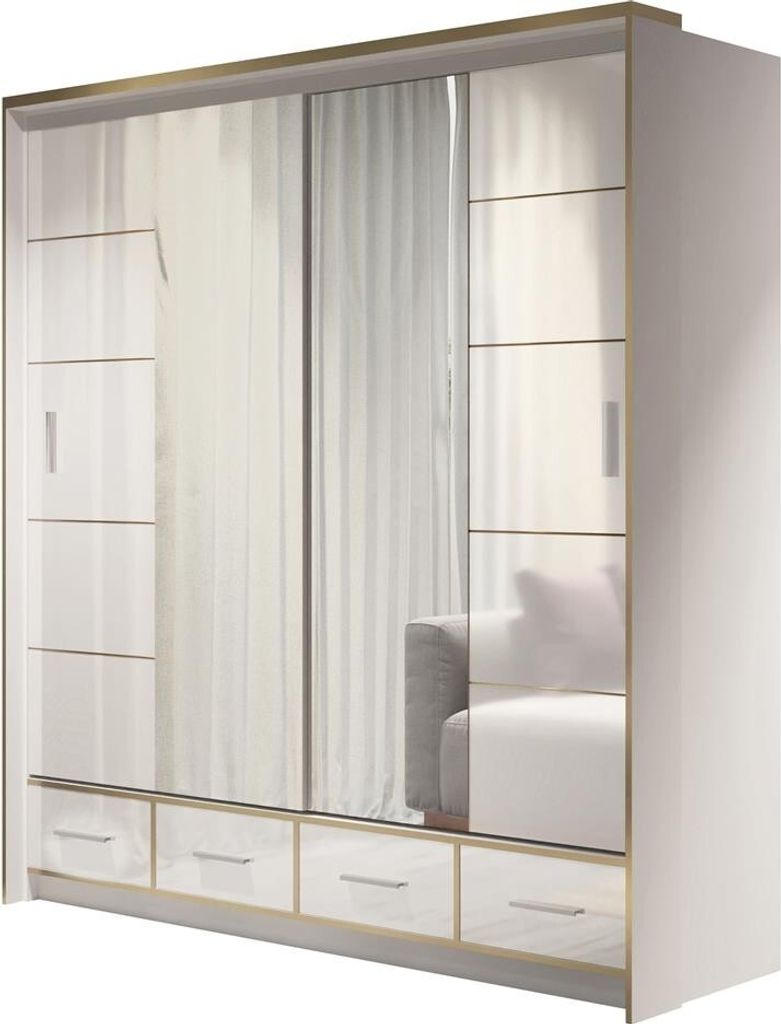 BETTSO Schwebetürenschrank 203 cm mit Spiegel 4 Schubladen und Kleiderstange Schlafzimmer Wohnzimmerschrank Schiebetüren Weiß+Weiß Glänzend BAMAS