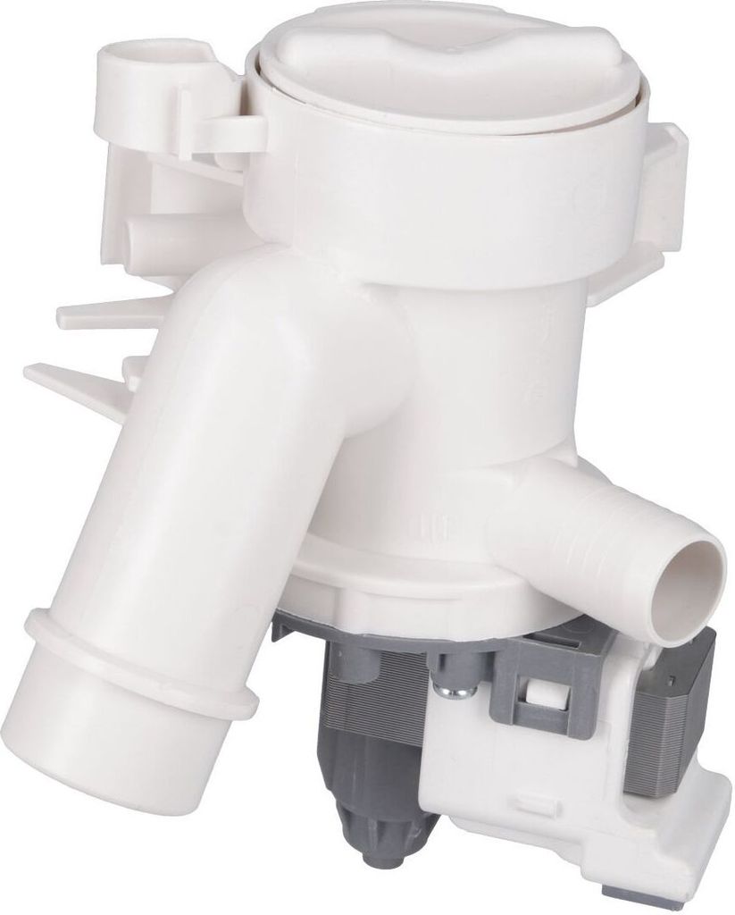 A white washing machine drain pump is shown against a white background.