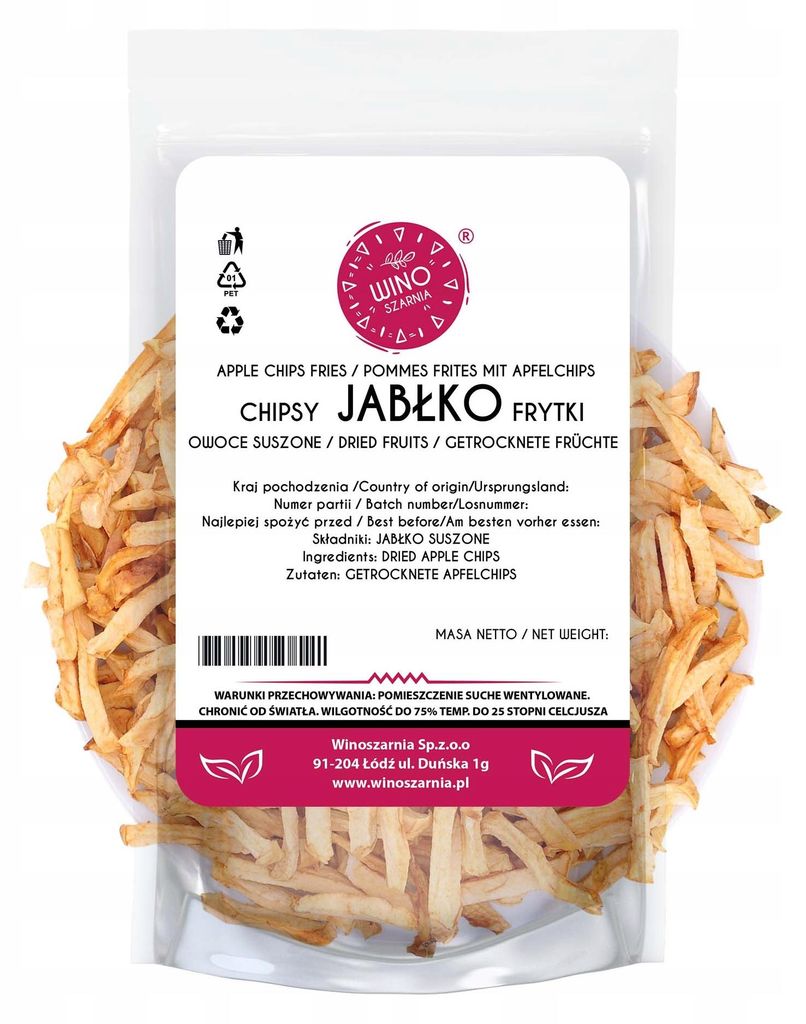 Apfelchips, Apfelstreifen, getrocknete Äpfel (20 g), in Scheiben geschnitten, mit Schale