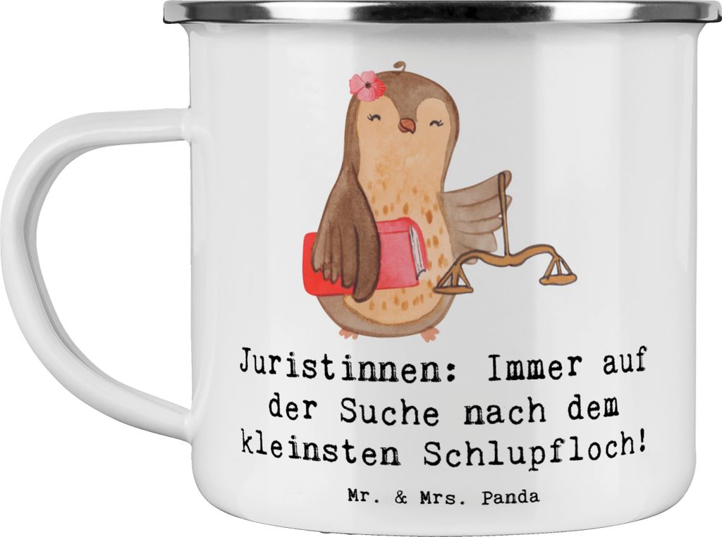 Mr. & Mrs. Panda Campingbecher Juristin Schlupfloch - Weiß - Geschenk, Berufe, becher emaille, Gerechtigkeit, Geschenke mit Herz, Pott, Beruf, Tas...