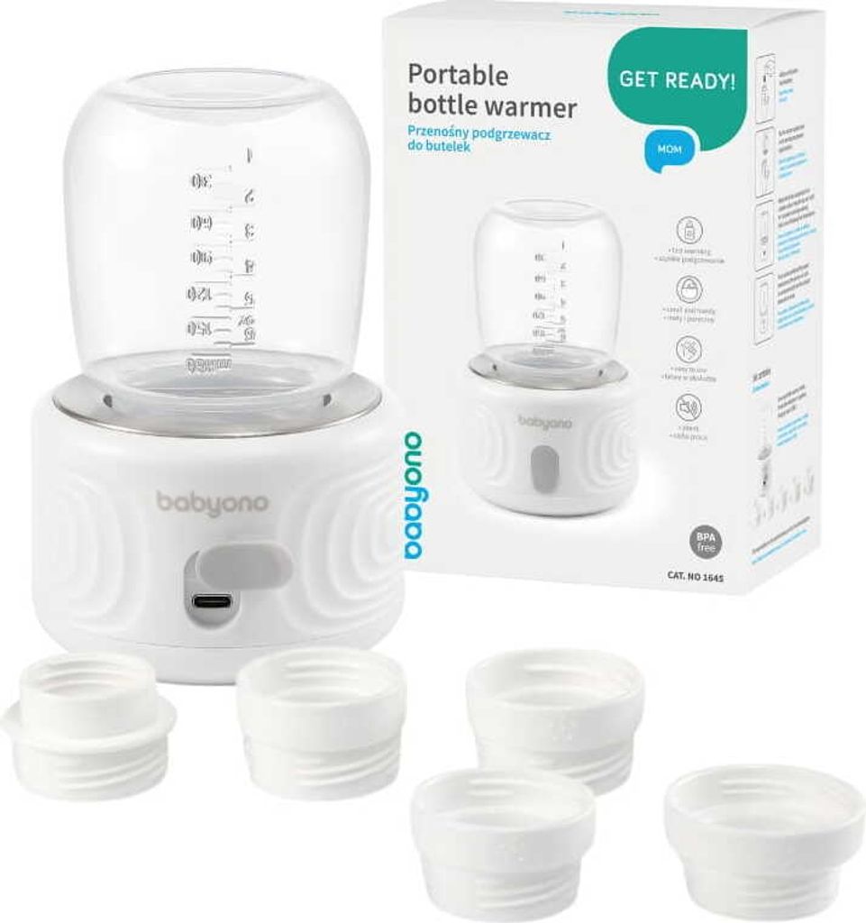 A white portable bottle warmer with a clear glass top and several white adapters in the foreground, next to its packaging.