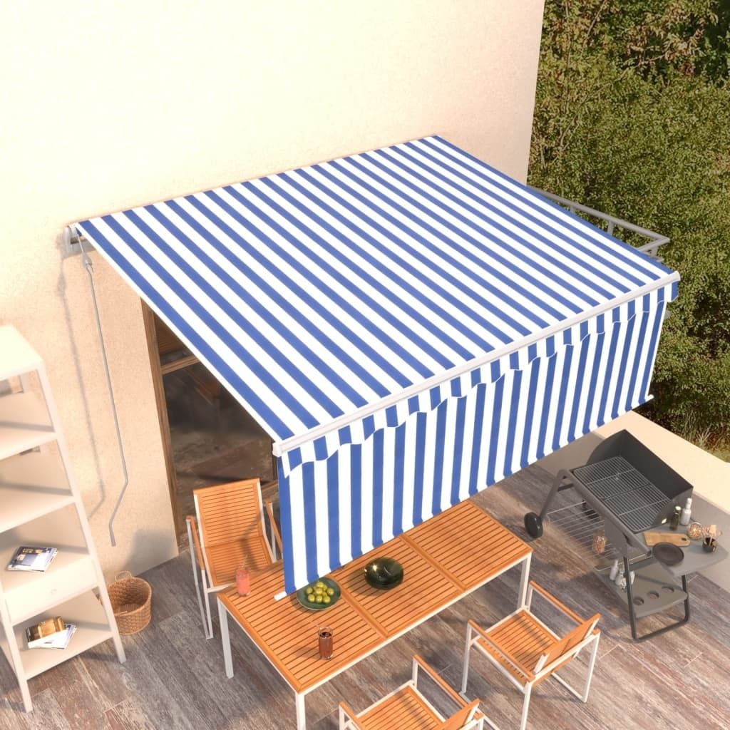 The Living Store Markise Automatisch Einziehbar mit Volant 4x3 m Blau und Weiß