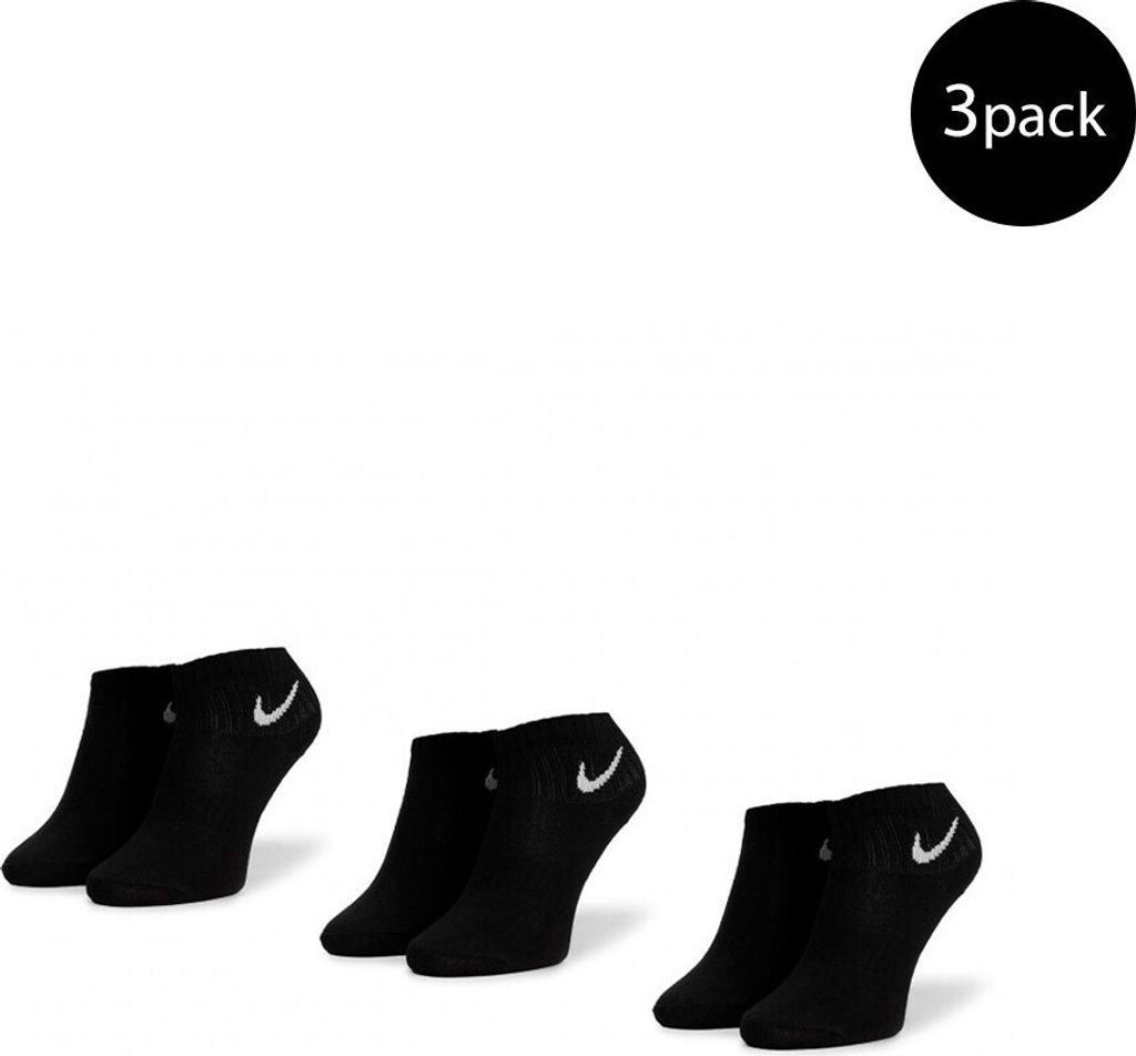 Three pairs of black Nike socks are displayed on a white background.