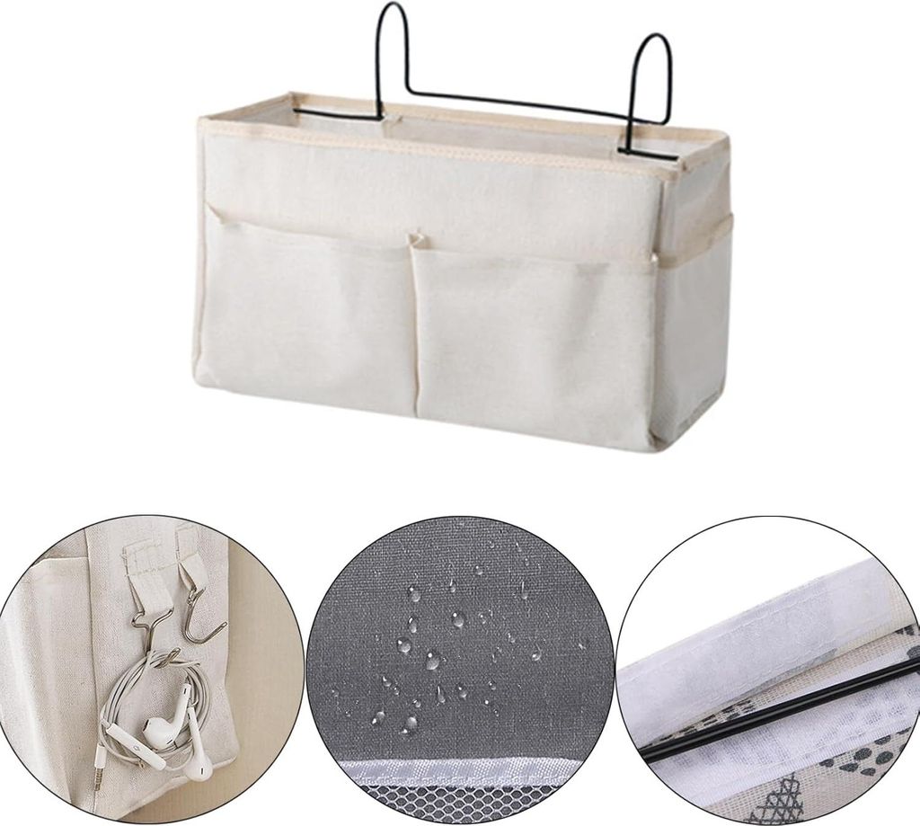 2 Stück Nachttisch Aufbewahrungstasche mit Haken Multifunktionale Tasche Bett Organizer Geeignet für Sofa Schlafzimmer und Büro (Weiß und Grau)