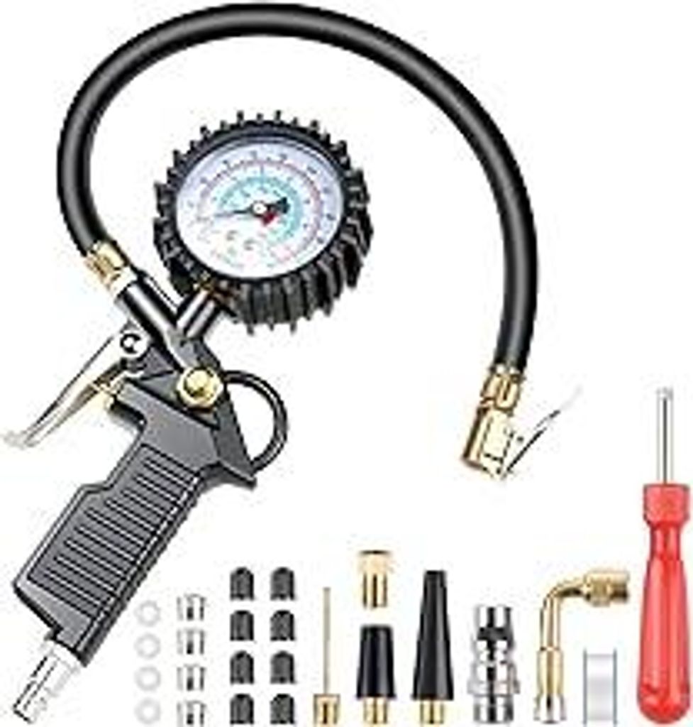 VSSHE Reifenfüll-Messgerät, 220PSI Multifunktional Luftdruckprüfer mit Ventil Kern Werkzeug, Kompressor Zubehör, Digitaler Reifendruckprüfer f...