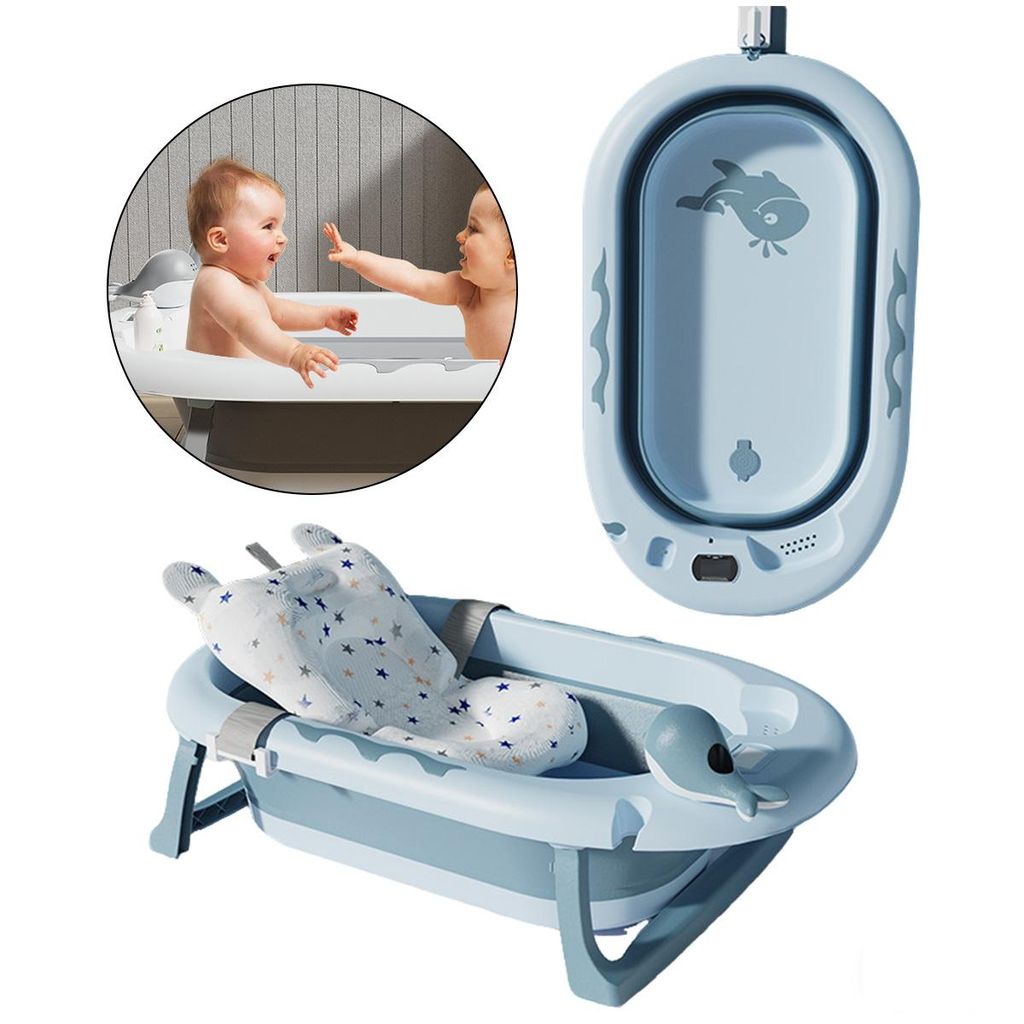 Faltbare Babybadewanne mit Einsatz, mit LCD-Digitalthermometer, ergonomische Höhe für Eltern, auf 9 cm faltbar, platzsparend und komfortabel