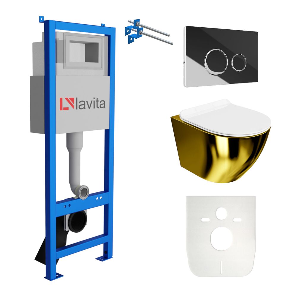 Lavita LAV 101 Vorwandelement für WC 40cm + Wand Hänge Tiefspül WC SOFI SLIM GOLD/WHITE Spülrandlos + Bedienplatte LAV 200.4.2 Verchromt | Komp...