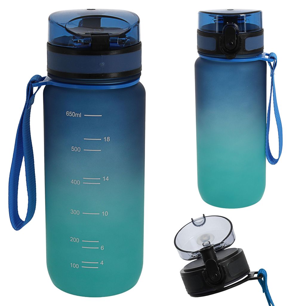 Trinkflasche 650ml Sport PET PP PE 7x24cm grün blau Farbverlauf Handschlaufe Sieb Sportwasserflasche BPA-frei