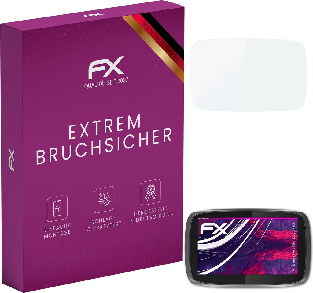 atFoliX FX-Hybrid-Glass Displayfolie kompatibel mit TomTom PRO 7250 / 5250 TRUCK Glasfolie