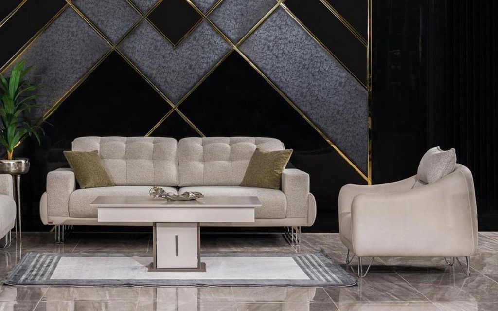 Wohnzimmer Set Beige Hochwertig Sitzgruppe Sofa 3 Sitzer Sessel Polster