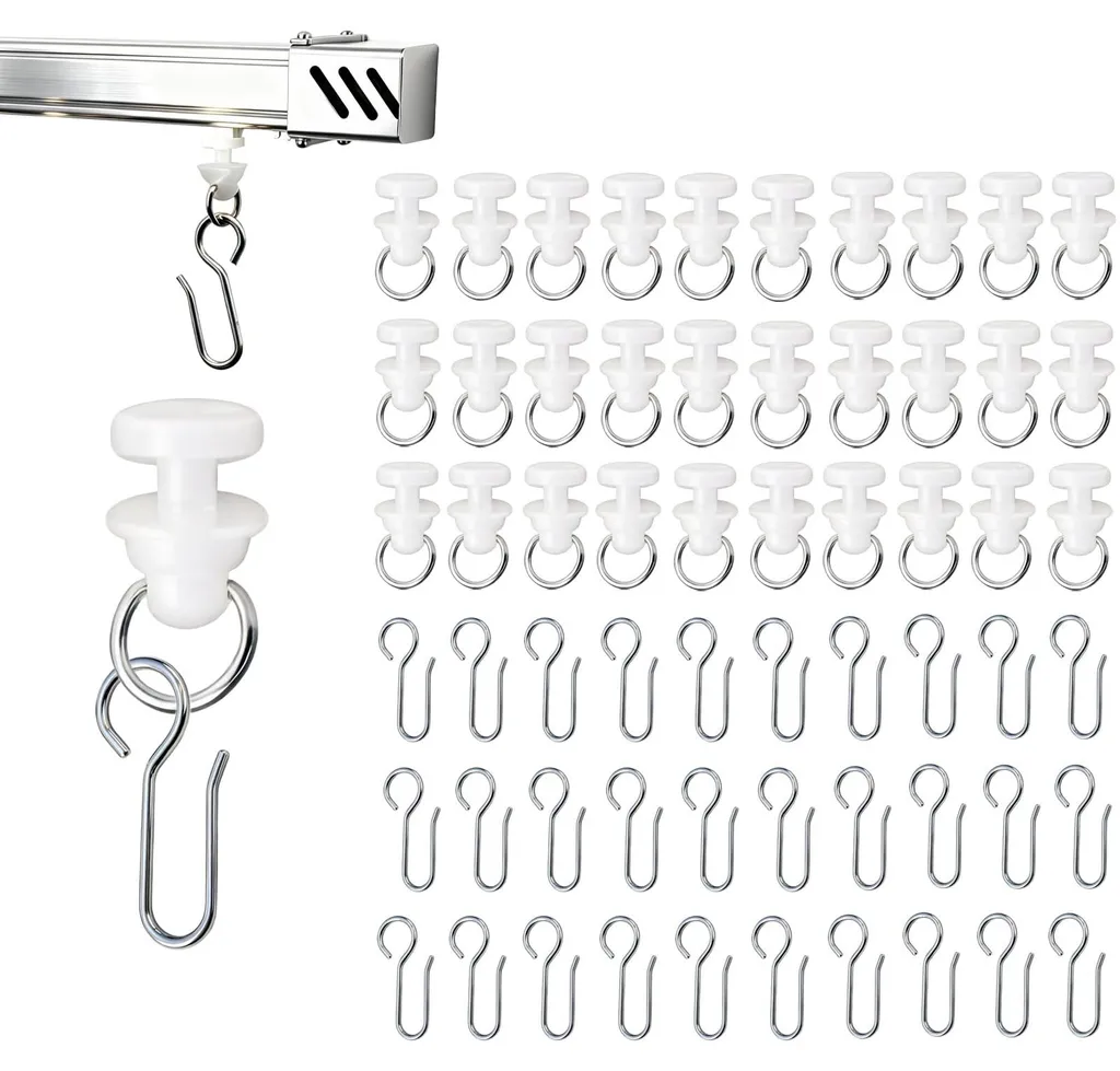 Lot de 50 roulettes plastiques et 50 crochets métalliques pour rideaux pro