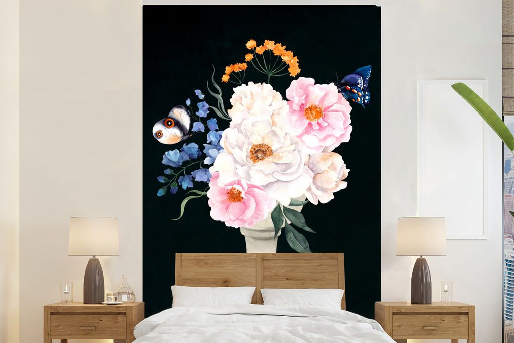 MuchoWow Fototapete für Wohnzimmer oder Schlafzimmer Wandtapete Vinyl Motivtapete Aquarell - Stillleben - Schmetterlinge - 180x280 cm - Wallpaper