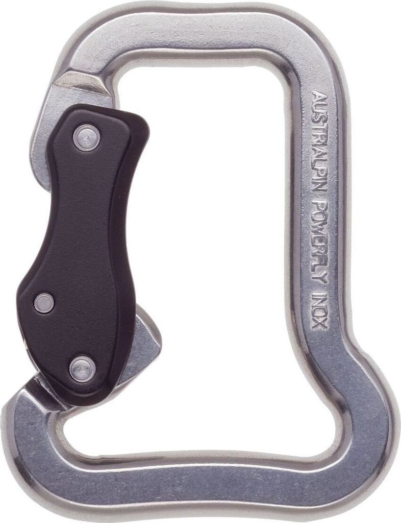 POWERFLY SlideAutolock Gleitschirmkarabiner von Austri Alpin; silberner Metallkarabiner mit schwarzem Griff.