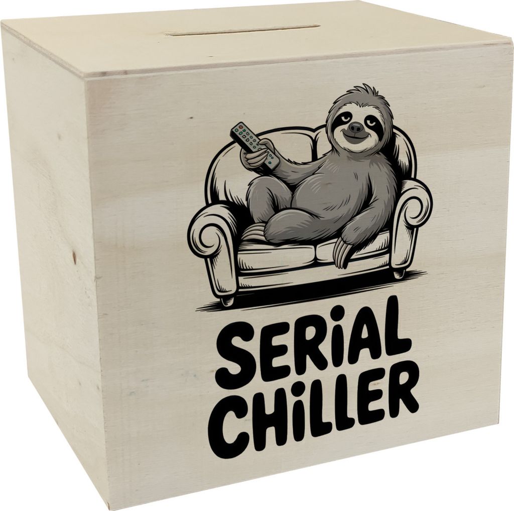 Faultier auf Couch Serial Chiller Spardose aus Holz Produktbild 