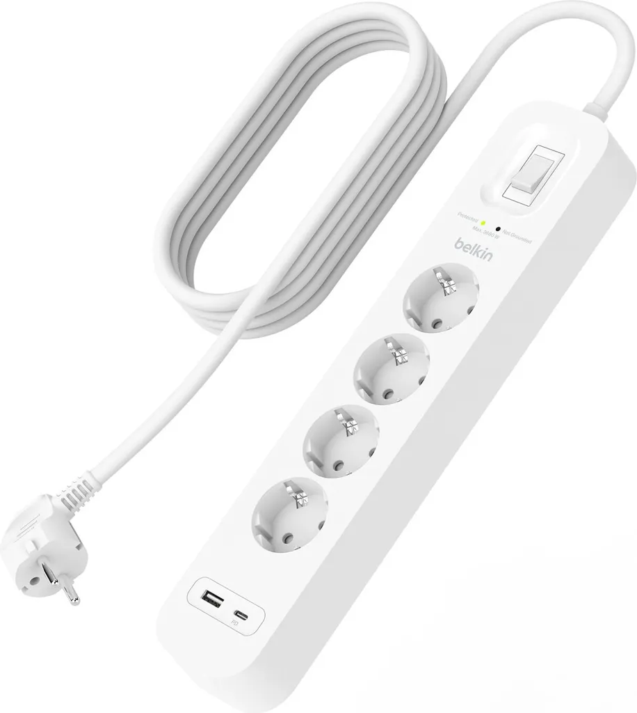Multiprise Belkin Protection Surtension 4 Prises avec Port USB-C et USB-A
