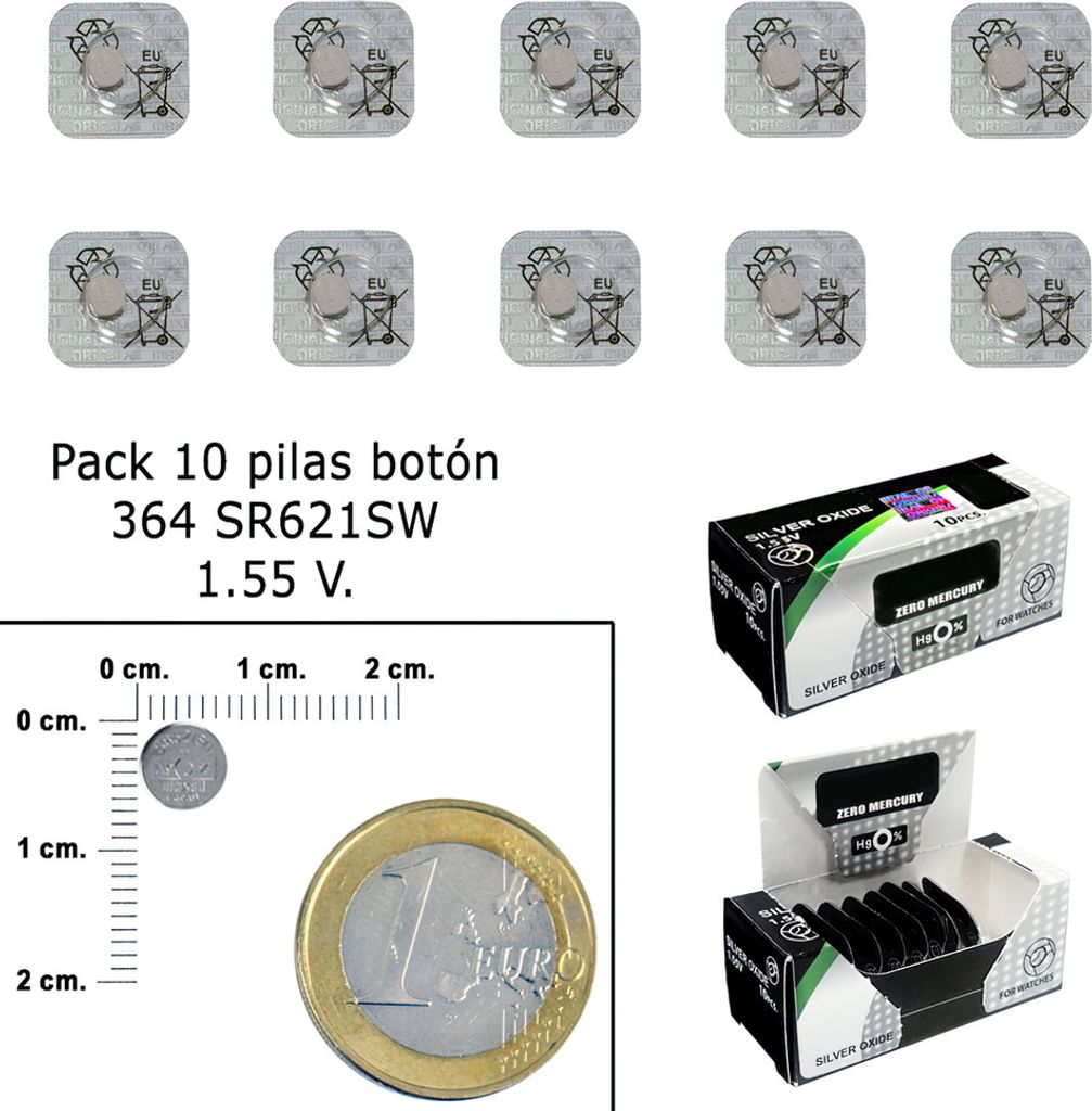 A collage of product packaging and individual batteries, with a ruler and coin for scale.