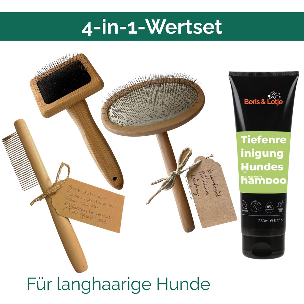 Fellpflege-Set für mittelgroße Hunde 10–25 kg – Hundebürste, Slickerbürste, Hundekamm & Shampoo für langes Fell