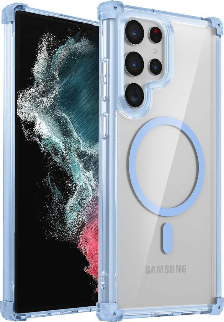 Magnetisch Hülle für Samsung Galaxy S22 Ultra 5G Kompatibel mit Magsafe Stoßfest Militärschutz Transparente Handyhülle Blau