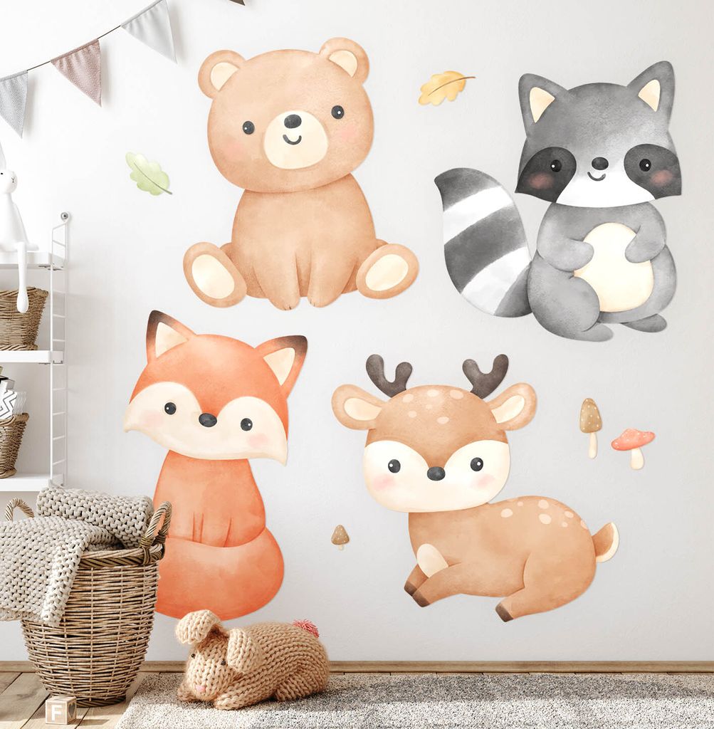 Waldtiere – Wandgestaltung – Wandbilder Kinder – Motivtapeten Set – Wanddekor Kinderzimmer – Selbstklebende Wandsticker – 80x102 cm