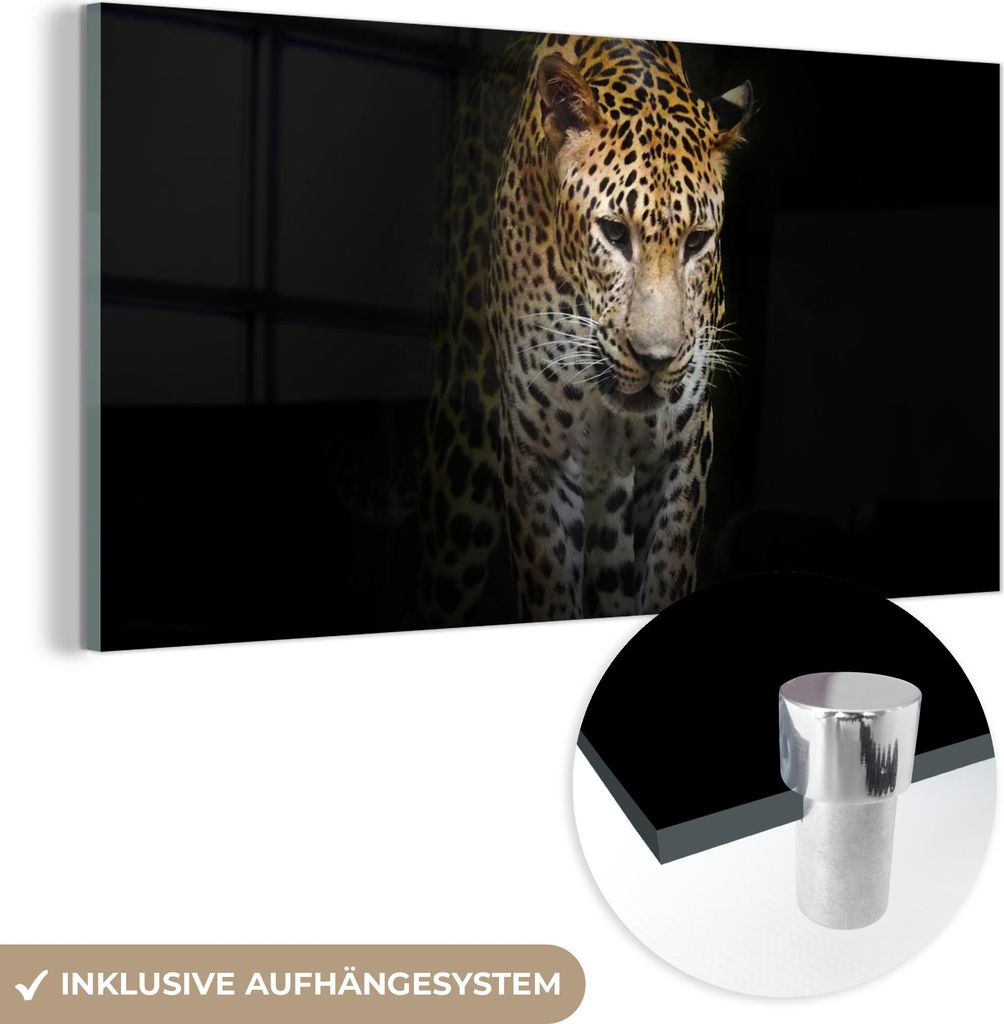 MuchoWow Glasbilder - Bilder auf Wandbild - Foto auf Glas Leopard - Reflexion - Schwarz 80x40 cm Wanddekoration aus Glas - Acrylglasbild - Acrylbil...