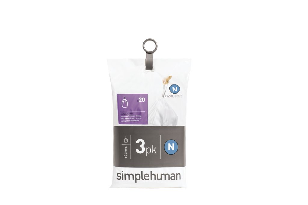 simplehuman Passgenaue Müllbeutel 3 x 20 Pack (60 Beutel), Code N, 45-50 Liter; CW0262