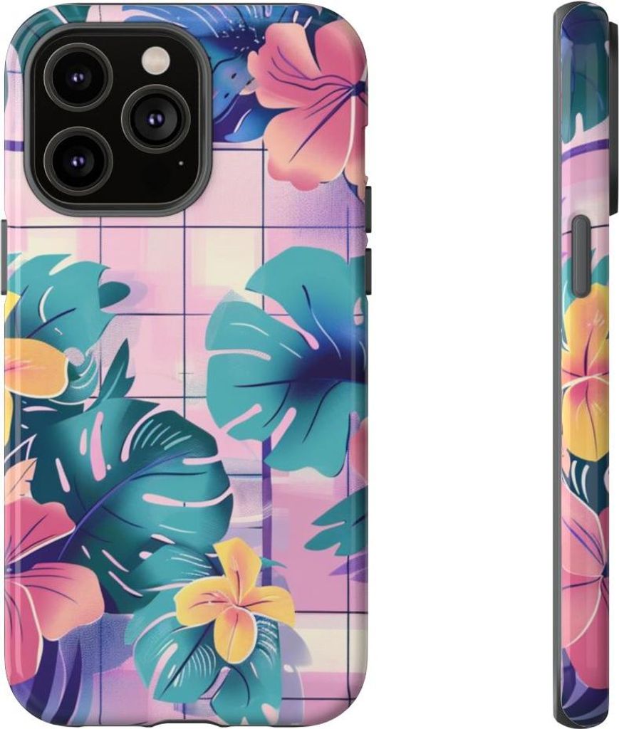 Tropisches Blumenmuster mit pinken und gelben Blüten – Hülle Kompatibel mit iPhone 14 Pro Max