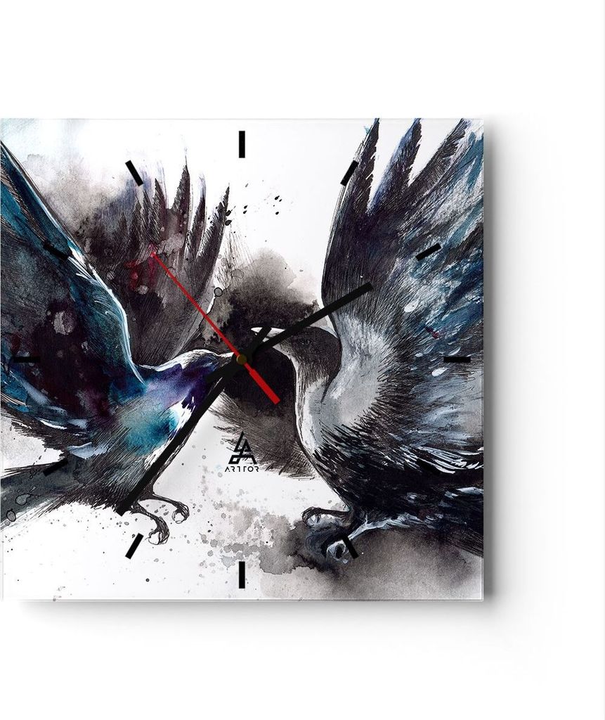 Wanduhr - Quadrat - Glasuhr - Vogel Natur Feder - 30x30cm - Schleichendes Uhrwerk - Lautlos - zum Aufhängen bereit - Dekoration Modern - Wanddekor...