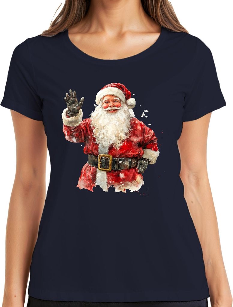 Weihnachtsmann Aquarell Vintage Weihnachten Geschenk rot Bart Damen T-Shirt, Navy, S