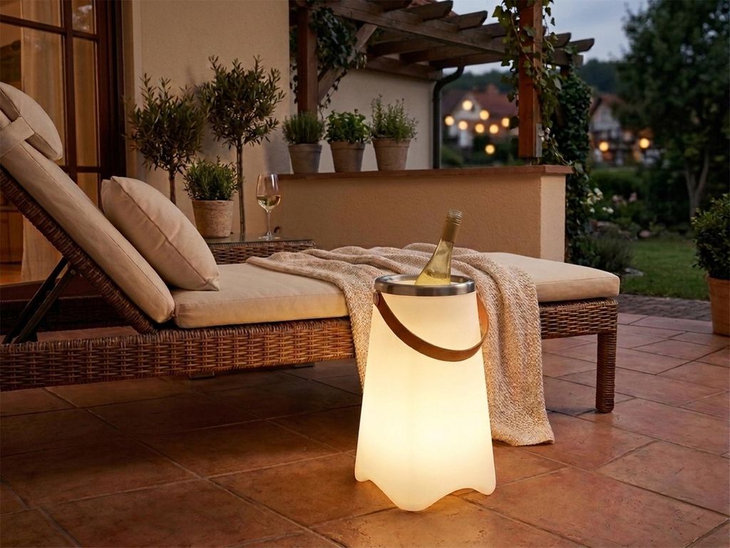 Akku Bodenlampe für Innen und Außen mit Bluetooth Lautsprecher & Weinkühler 50cm