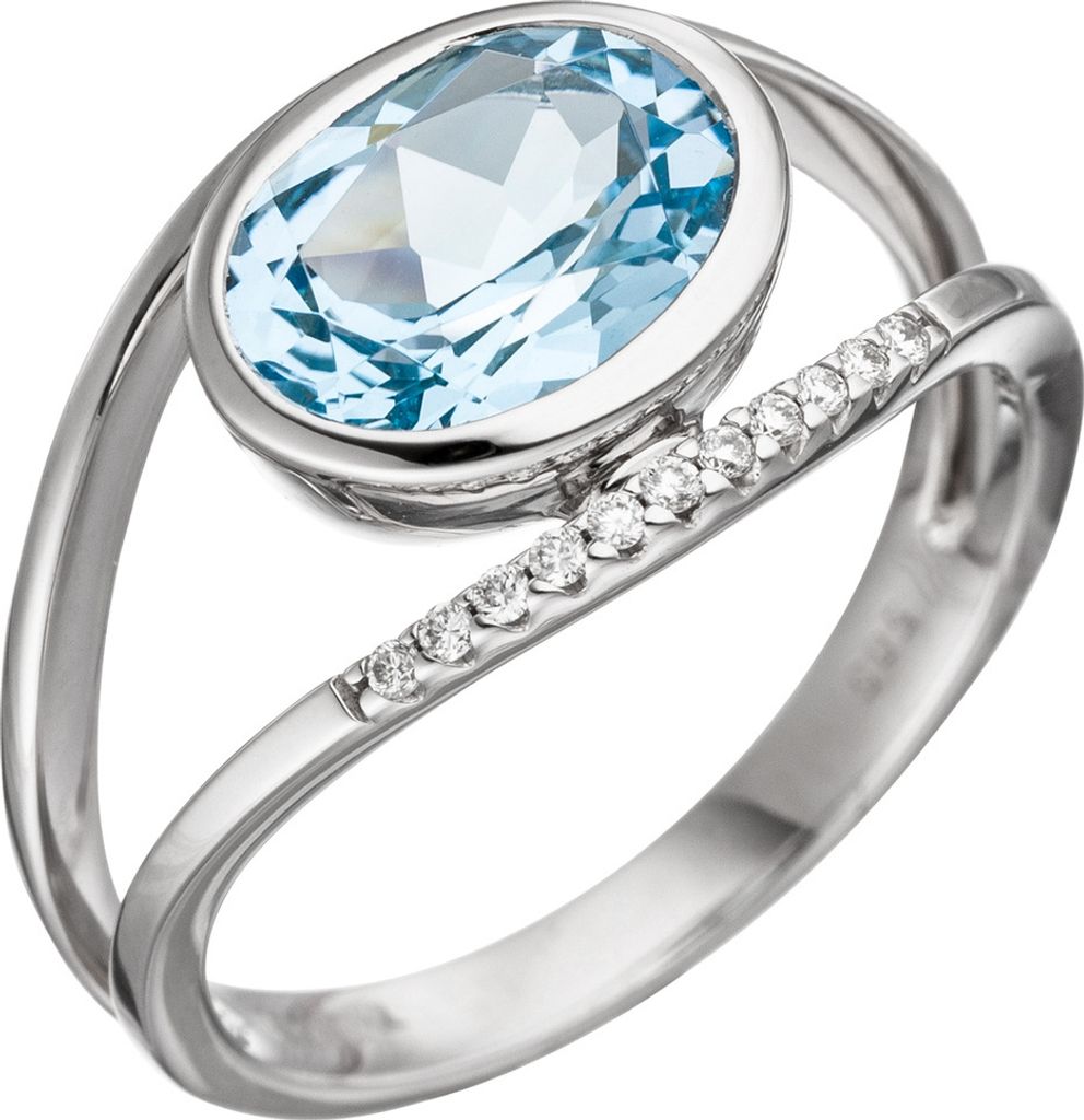 Ring Damenring mit Blautopas blau hellblau & 11 Brillanten 585 Gold Weißgold Innenumfang 52mm Ø16.6mm