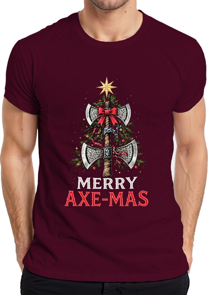 Merry Axe-mas Wikinger Axt Weihnachtsbaum Schleife Geschenk Herren T-Shirt, Burgundy, M