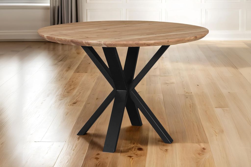 Runder Esstisch 120 cm Kimberly, Akazienholz naturfarben + massiv, Esszimmertisch mit Schweizer Kante, Spider-Gestell Metall Schwarz, pflegeleichte...