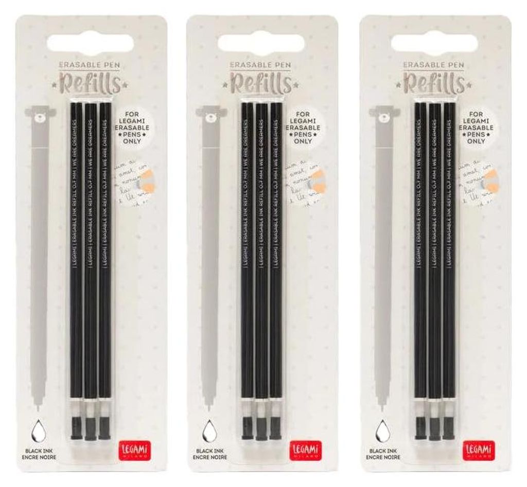 Legami - Gelschreibermine radierbar, Set 9 Stück, Höhe 13 cm, Thermosensible Tinte, Schwarz, Spitze 0,7 mm (3er Set Schwarz)