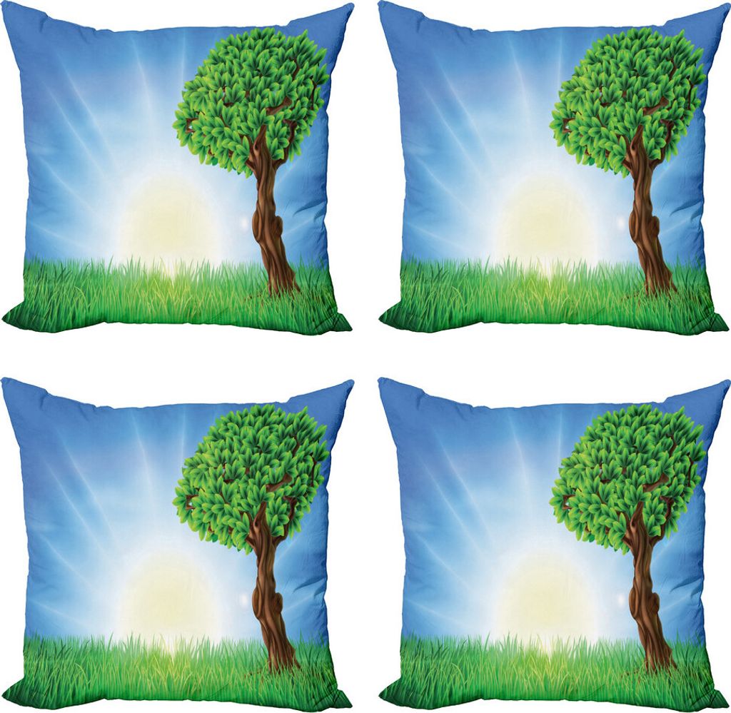 ABAKUHAUS Gras Kissenbezug Set (4 Stück), Laubblätter Einsamer Baum, Moderner Doppelseitiger Digitaldruck, 45 cm x 45 cm, Mehrfarbig