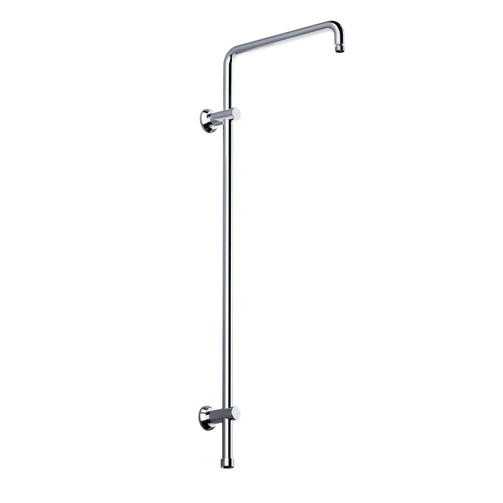 A chrome shower arm and vertical support mounted on a white background.