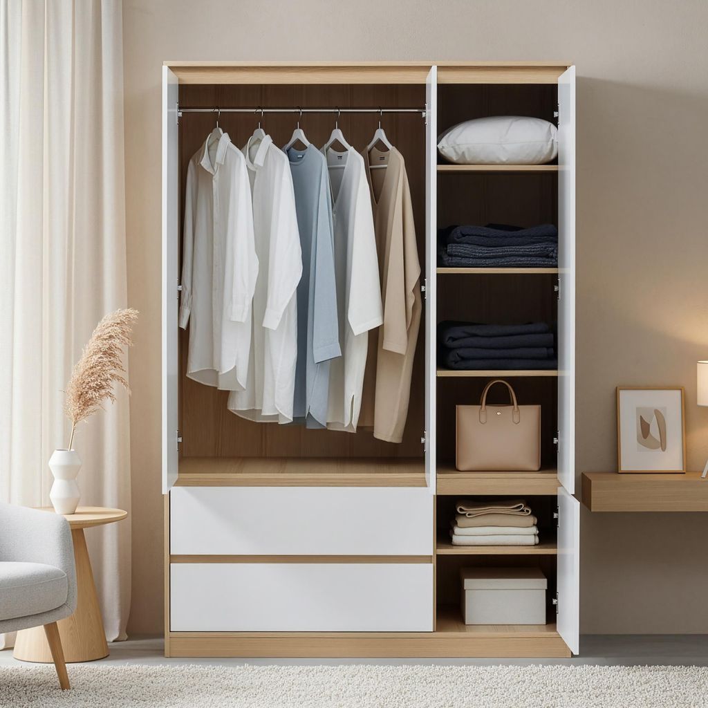 A modern wardrobe with clothes hanging and folded items on shelves.