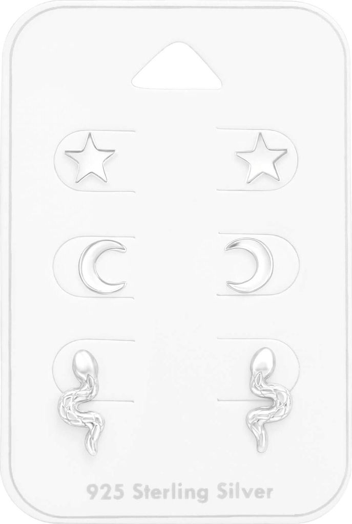 Ohrstecker Set 925 Sterling Silber mit Mond, Stern und Schlange