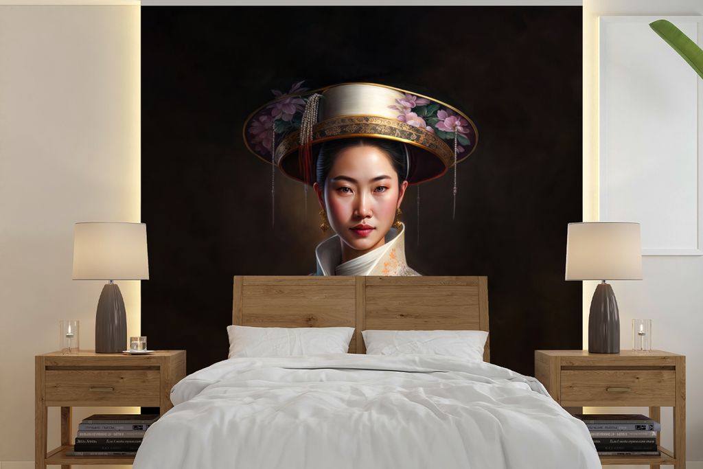 MuchoWow Fototapete für Wohnzimmer oder Schlafzimmer Wandtapete Vinyl Motivtapete Frauen - Asiatisch - Blumen - Porträt - 280x280 cm - Hintergr...