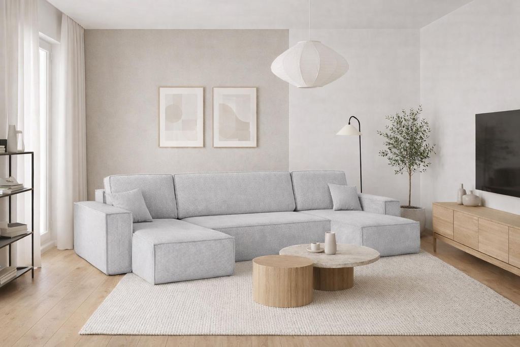 A modern living room with a large sectional sofa.