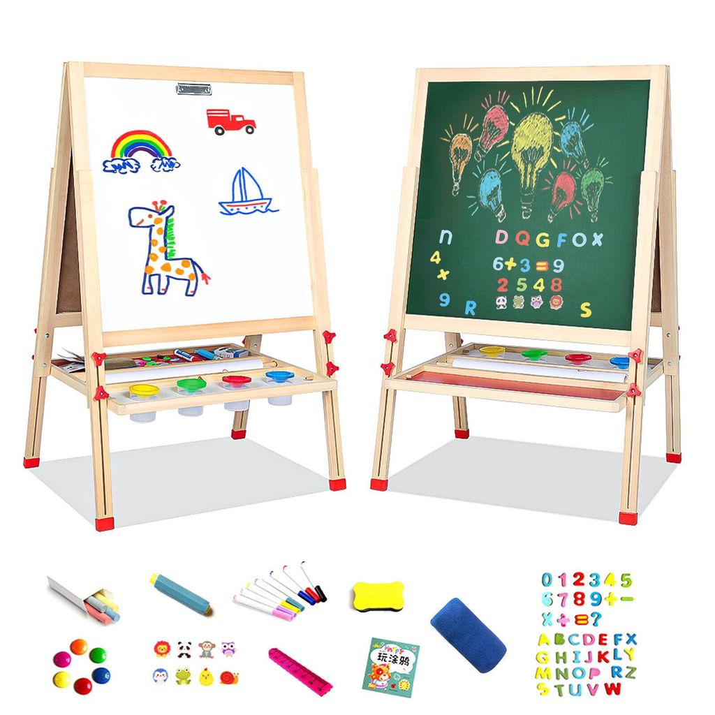 Doppelseitige Kinder Maltafel mit Kreide- & Whiteboard-Seite, höhenverstellbar, magnetisch, faltbar, Lern- & Zeichentafel für Kinder 3–15 Jahre