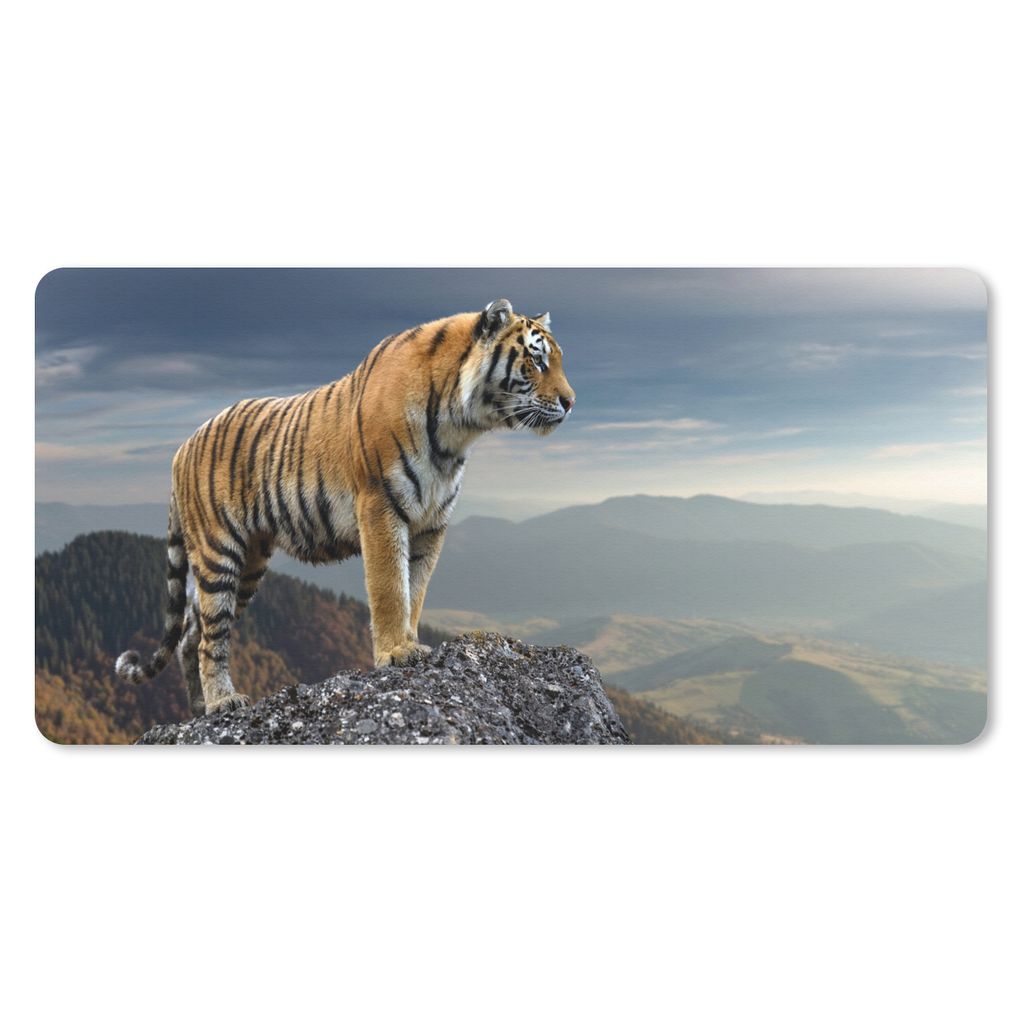 MuchoWow Schreibtischunterlage Tiger - Berg - Natur - Landschaft 80x40 cm - XXL Mauspad - Gaming Mauspad