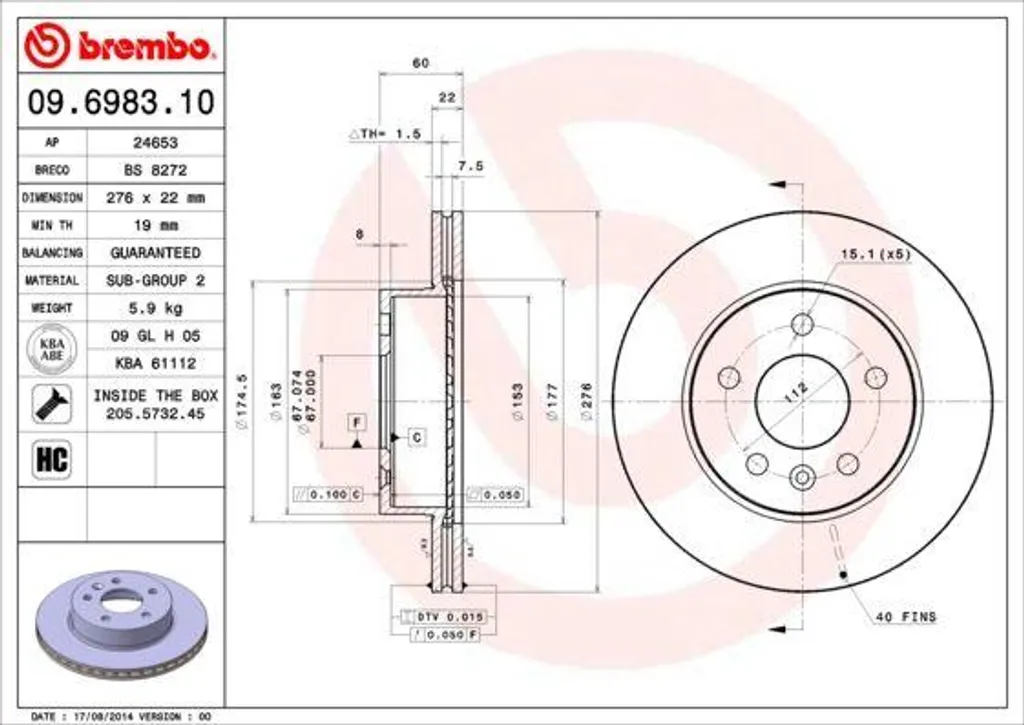 Éliminez les Vibrations : Disque de Frein Brembo 09.6983.10 Vito W638