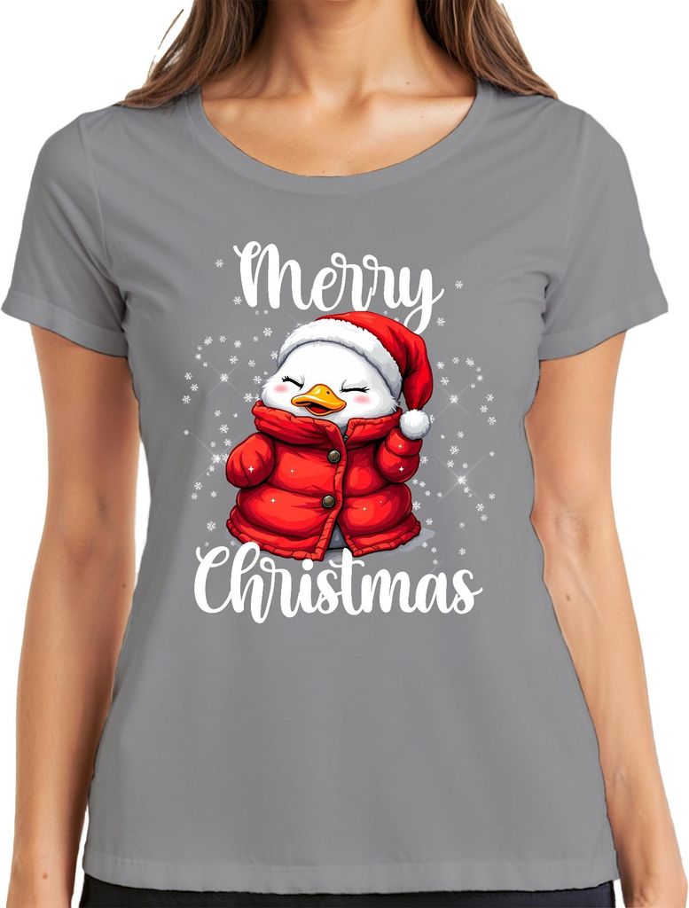 Merry Christmas niedlich Ente Weihnachtsmütze Winter Kinder Santa Damen T-Shirt, Grau, M