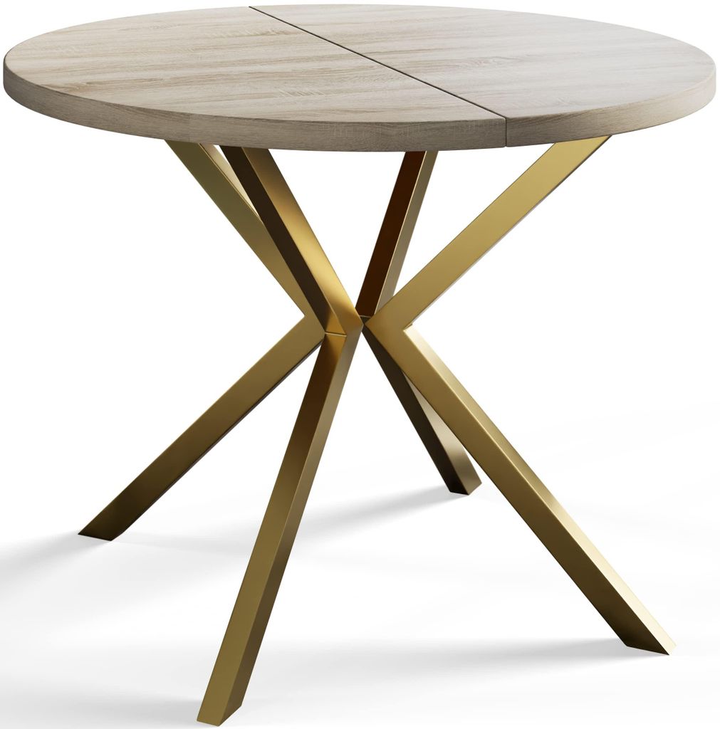 Alpi Moebel, Runder Esstisch Loft Liten, Modern Ausziehbarer Tisch 90-170 cm, Beige mit Gold Metallbeinen