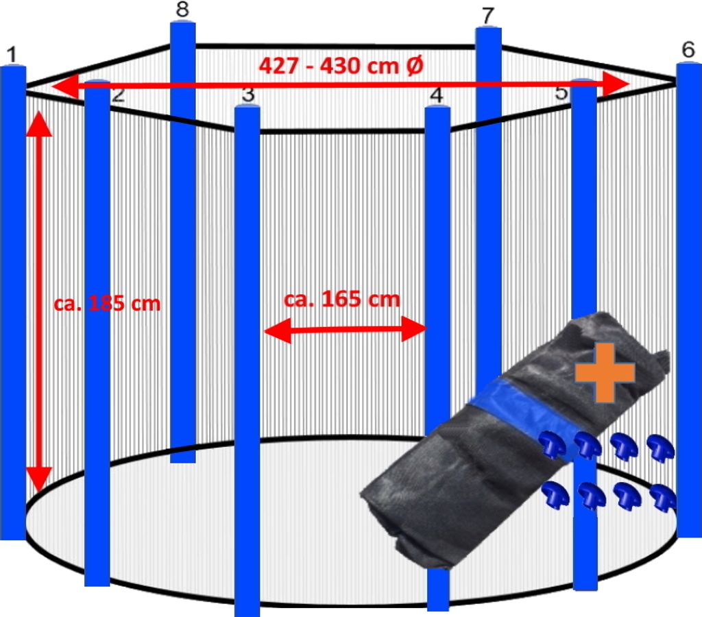walexo Trampolin Sicherheitsnetz für 8 Stangensystem ( 427 Ø, Schwarz/Blau )