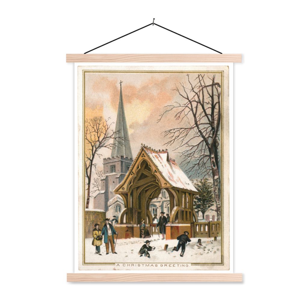 MuchoWow Textilposter Weihnachten - Winter - Retro 120x160 cm mit holzfarbenen Rahmen - Plakatkarton