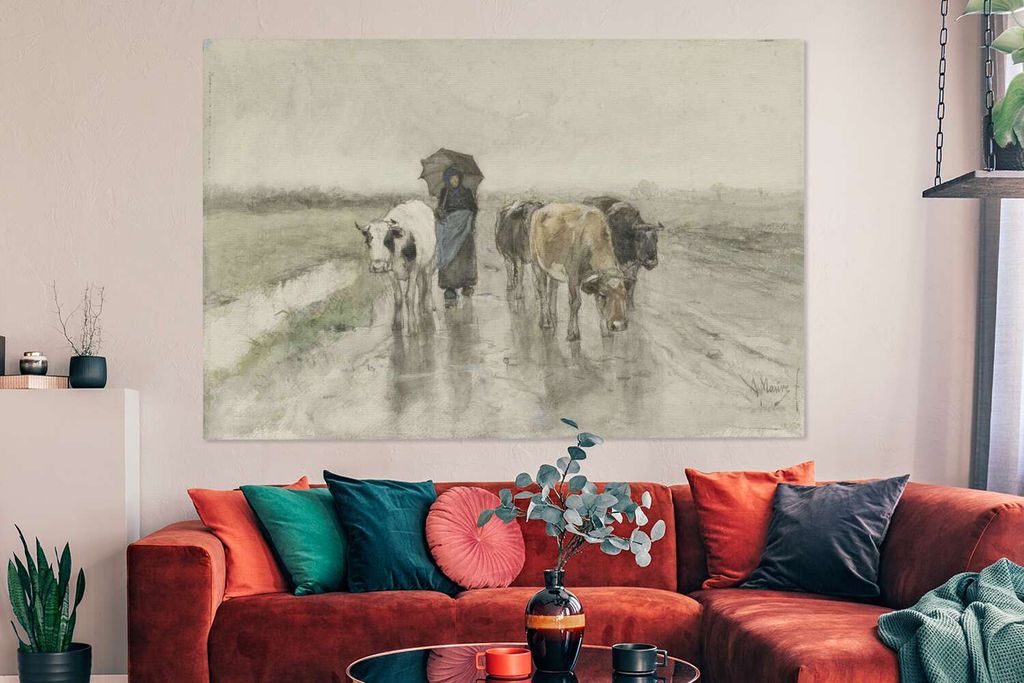 OneMillionCanvasses - Leinwandbilder - 150x100 cm, Eine Bäuerin mit Kühen auf einer Landstraße im Regen - Gemälde von Anton Mauve, Wandbilder...